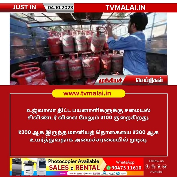 சமையல் சிலிண்டர் விலை மேலும் ரூ.100 குறைப்பு!