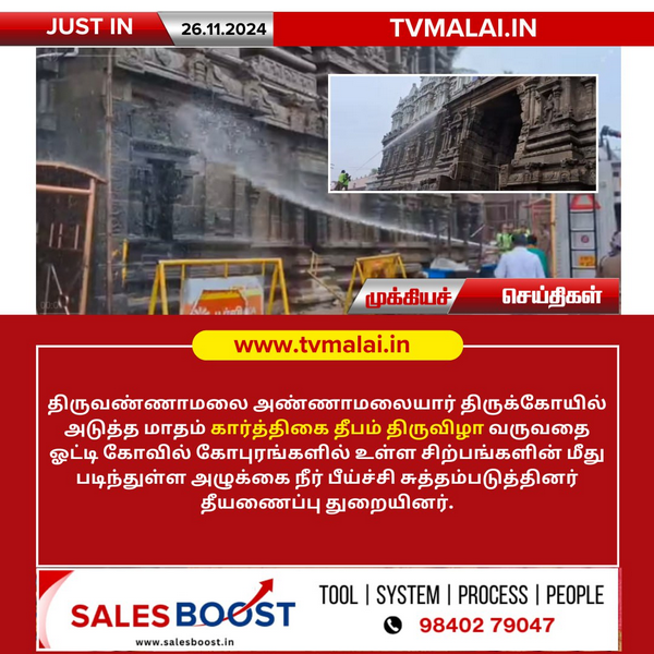 திருவண்ணாமலை அண்ணாமலையார் திருக்கோயிலில் கார்த்திகை தீபத்தை ஒட்டி கோபுரங்களை தூய்மைப்படுத்தும் பணி!